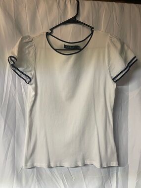 Lauren Ralph Lauren White Tee with Navy Trim and Puff Sleeves